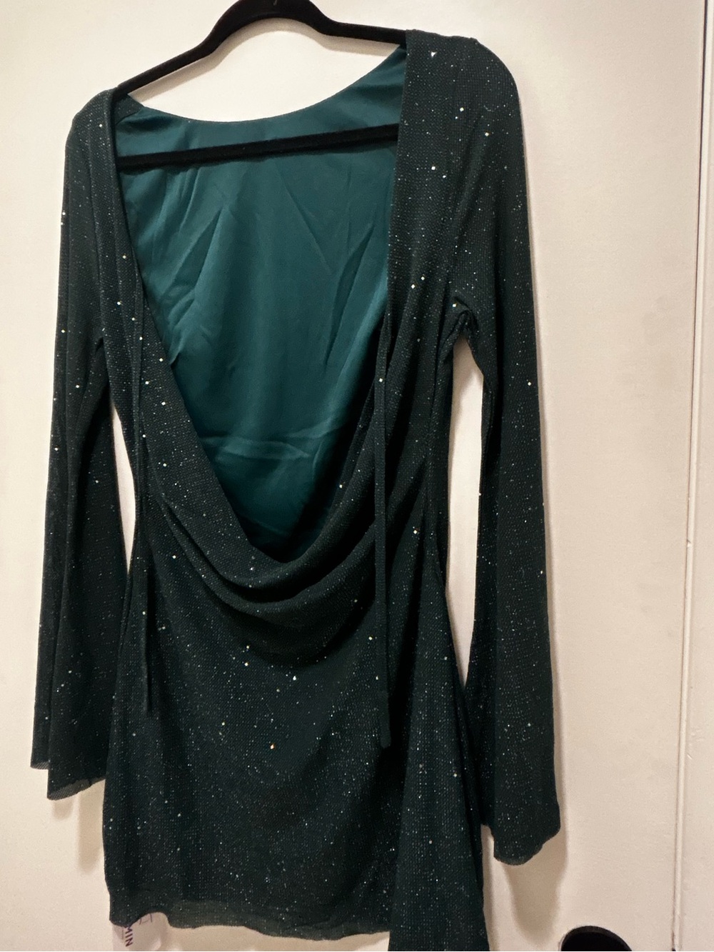 Sparkle Deep V-Back Green Long Sleeve Dress